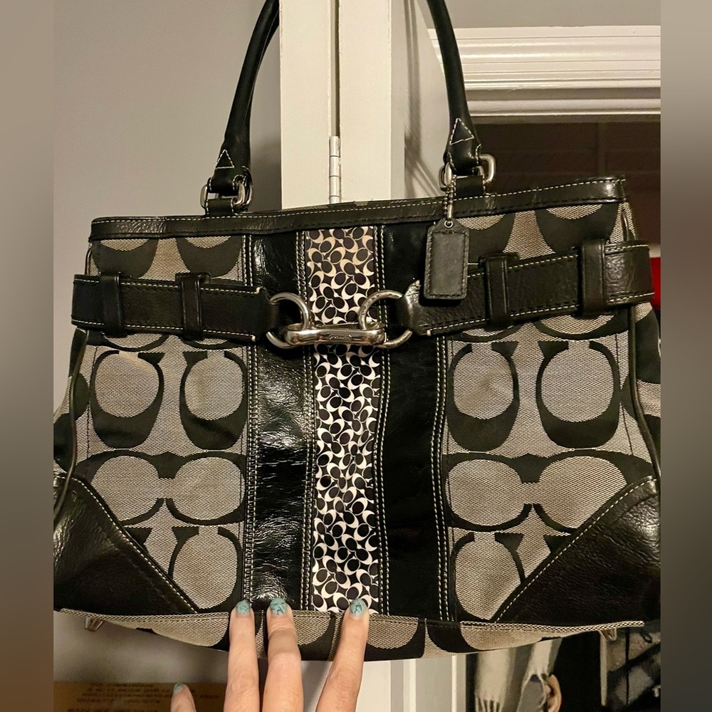 Coach Black and Gray Shoulder Bag with Monogram Design